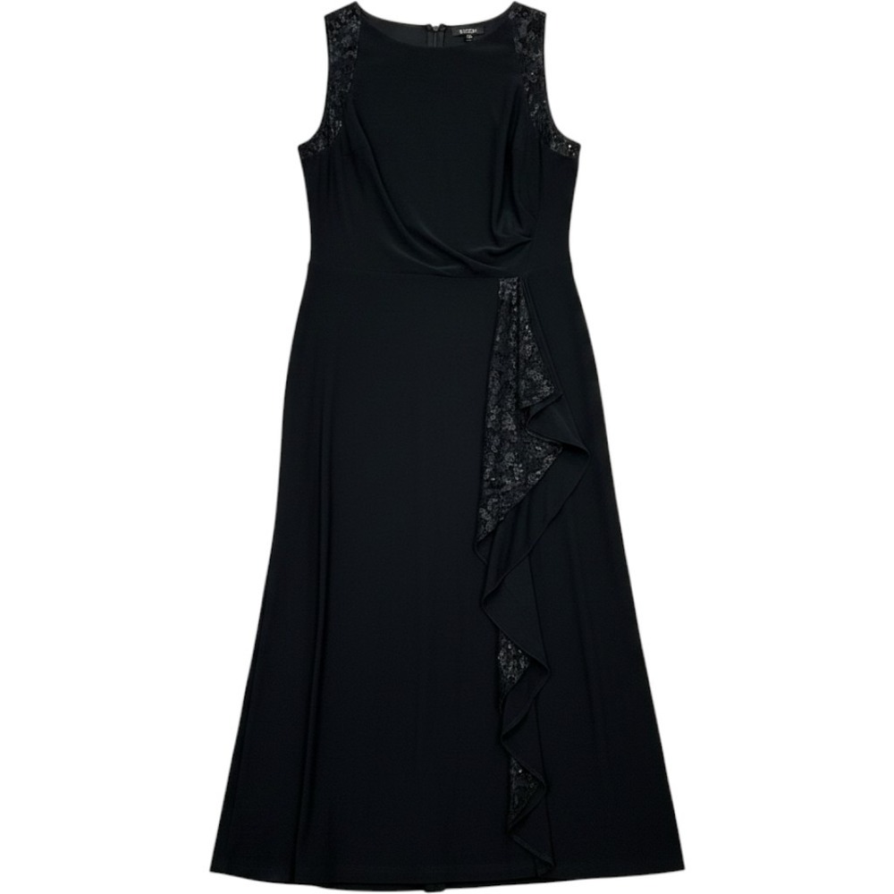 Lauren Ralph Lauren Black Sequin Ruched Midi Dress 12 Lace Draped Formal Evening